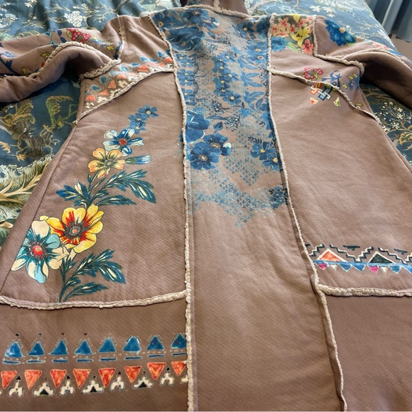 Johnny Was Sherpa Coat Faux Suede Steppe Floral Size Small Boho Hippie Pockets - Picture 12 of 13